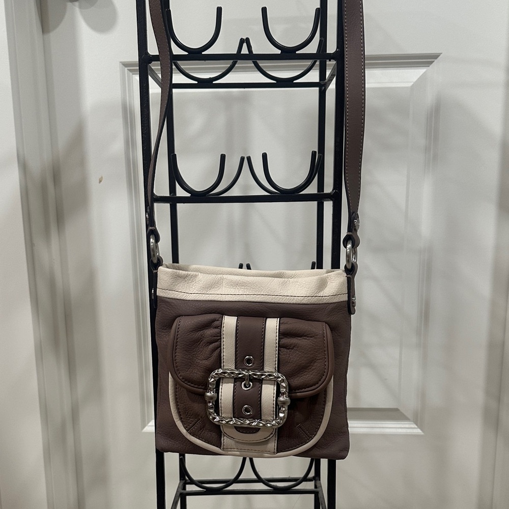 Excellent B. Makowsky Brown and Cream Crossbody Bag with Large Buckle
